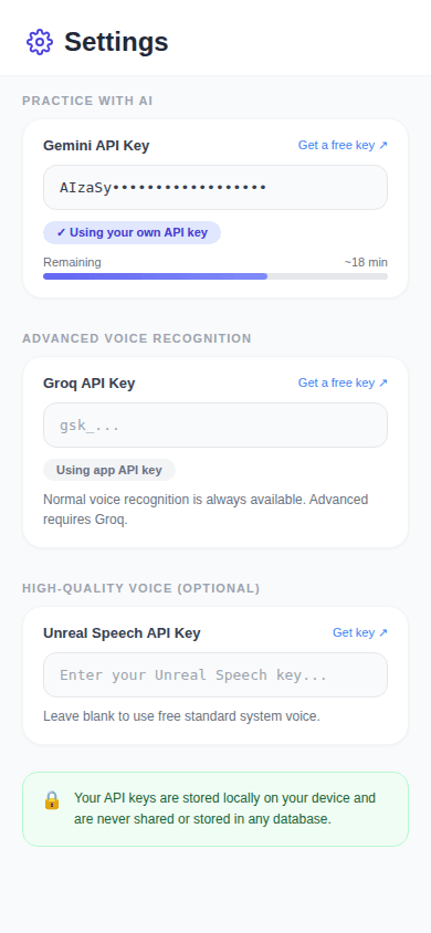 LinguaFlip API key settings screen